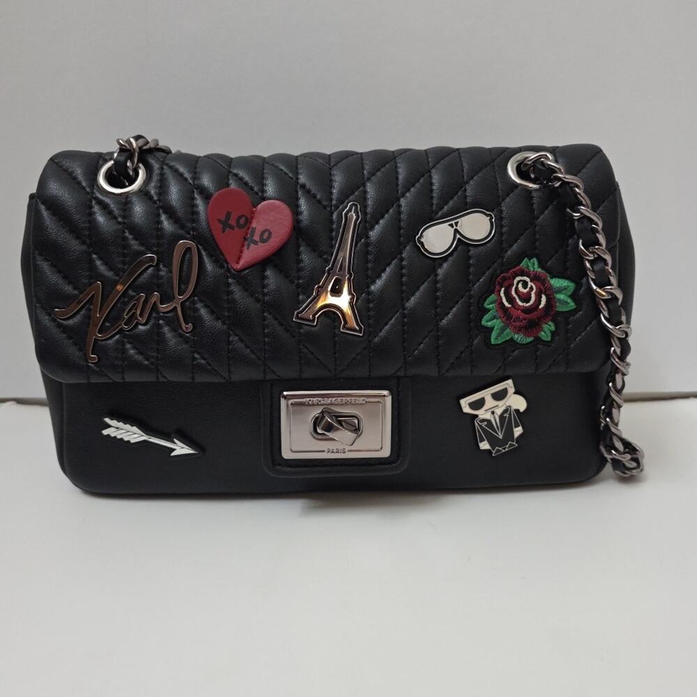 Karl Lagerfeld Paris Quilted Shoulder Bag Black Leather Chain Strap Patch Purse - Picture 7 of 12